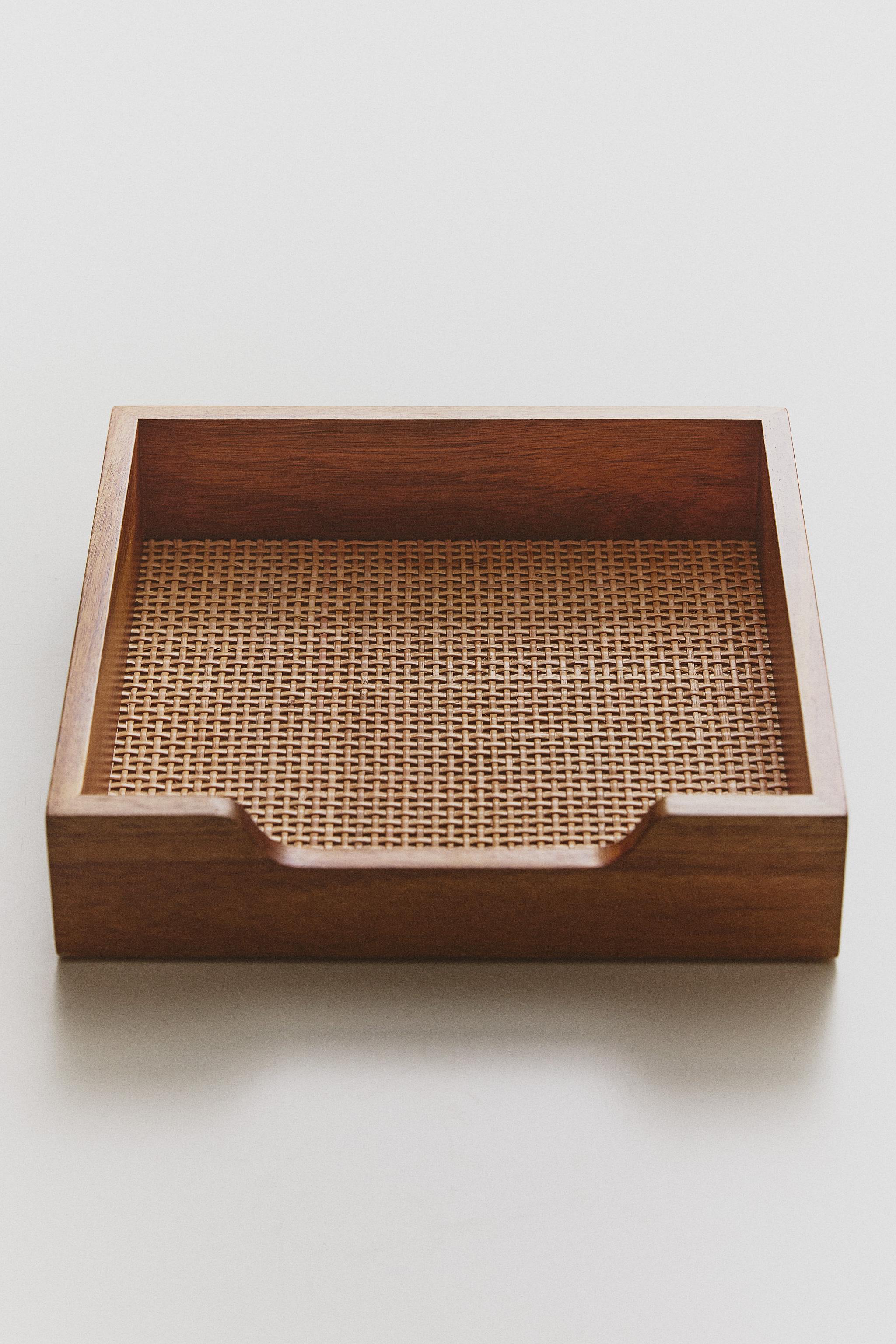 WOOD AND RATTAN NAPKIN HOLDER
